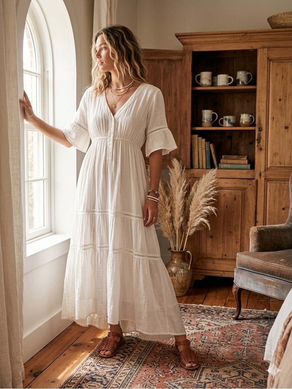 Sundry White V-Neck Tiered Maxi Dress